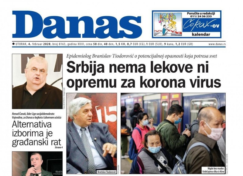 Osude vlasti čak i pre nego što je virus došao u Srbiju: Naslovnica lista Danas od 4. februara 2020.